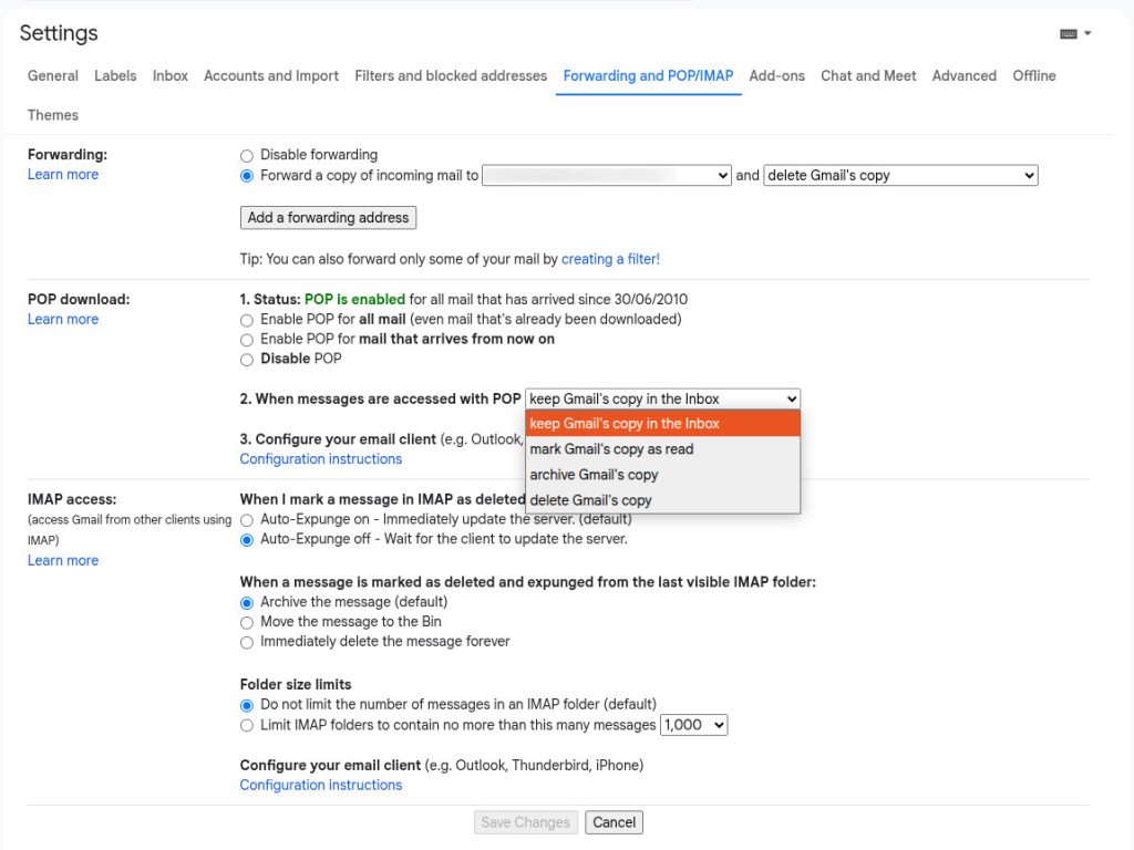 A screenshot of the Forwarding tab in the Gmail settings.
