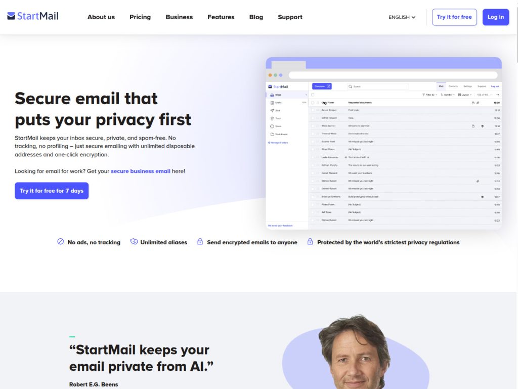 A screenshot from the Startmail web site.