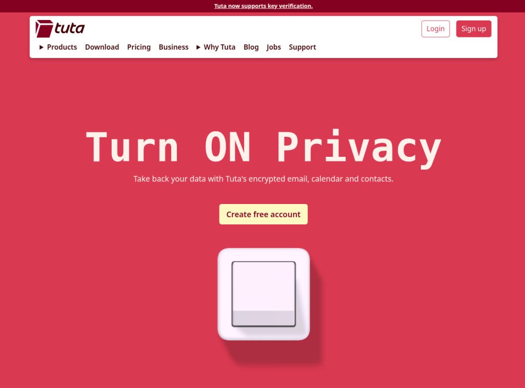 A screenshot from the Tuta mail web site.